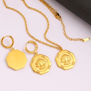 18K gold plated stainless steel jewelry set featuring octagonal tree pattern pendants