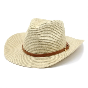 Chapeau de cowboy en paille pour femme avec bord roulé et bande en similicuir