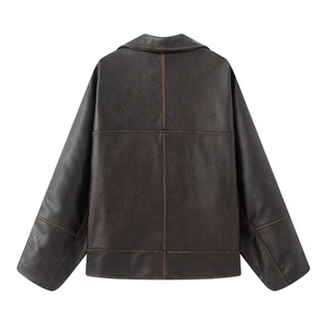 Vintage distressed brown PU leather jacket featuring a loose fit and back view design