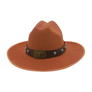 Detail of wool fedora with leather band featuring turquoise studs and bull head buckle