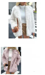 Detailed spec sheet and close-up of fluffy faux fur coat texture in white and pink