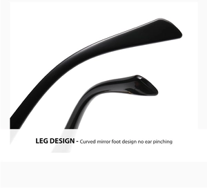 Detail of curved black sunglasses temple design for comfortable anti-pinch ear wear