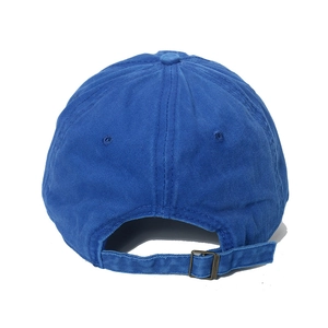Rear view of cobalt blue baseball cap showing metal buckle and fabric texture