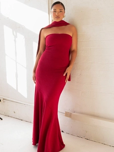Elegant red strapless maxi dress with matching shawl and textured fabric finish