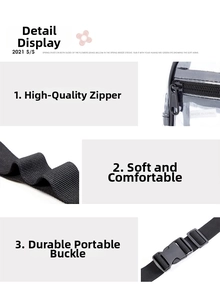 Detail of durable black metal zipper and adjustable woven strap on transparent PVC bag