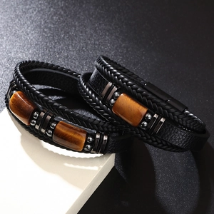 Men's multi-layer leather bracelet with tiger eye stone and magnetic clasp