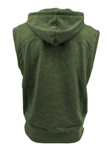 Detail view of military green hooded vest back with ribbed hem and stitching