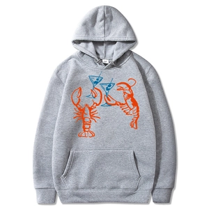 Sweat à capuche gris avec imprimé homard et cocktail, pull décontracté unisexe avec poche kangourou