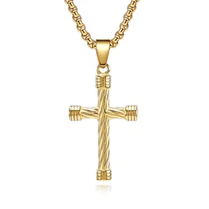 Cross Pendant Necklace Stainless Steel Twisted Cable Texture Spiral Hip Hop Punk Vintage Jewelry For Men