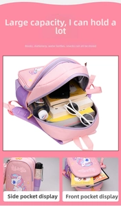 Pink unicorn kids backpack showing spacious main compartment and side mesh bottle pockets