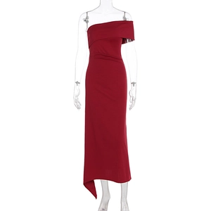Close-up of the elegant wine red one-shoulder dress with slimming waistline and slit