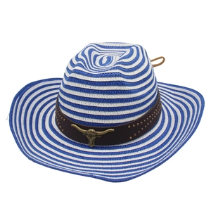 Détail d'un chapeau de cowboy en paille rayé bleu et blanc avec emblème de tête de taureau