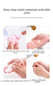Four-step usage guide for portable petal soap sheets in a mini clear travel container