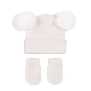 Detail of white knit baby beanie with large pom-poms and matching mittens set