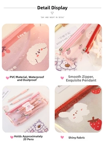 Detail view of pink transparent PVC pencil case with puppy motifs and smooth zipper