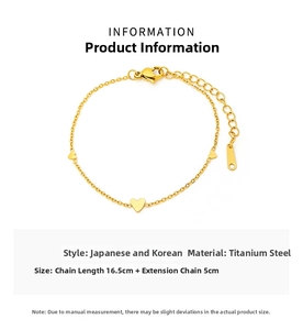 Detailed size specifications for gold titanium steel heart bracelet with 5cm extension chain