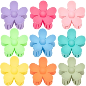 Set of 9 matte flower hair claws in macaron colors on a clean white background