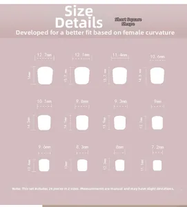 Size chart for 24pcs short square press-on nails showing 12 different width measurements