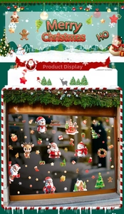 Macro detail of 3D Christmas window stickers featuring Santa Claus and reindeer motifs