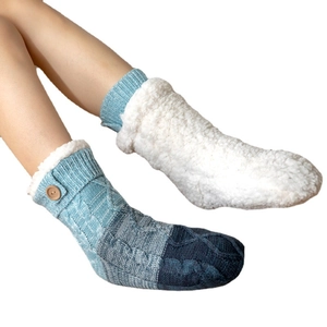Thick winter fleece lined cable knit socks with wooden buttons for warm home wear