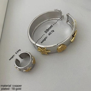 Detailed view of 18K gold plated copper bangle and ring with weight and size specifications