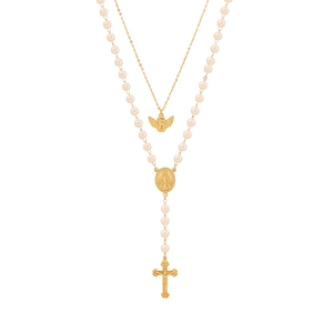 Double-layer gold angel necklace with white pearl Y-shaped chain and crucifix pendant