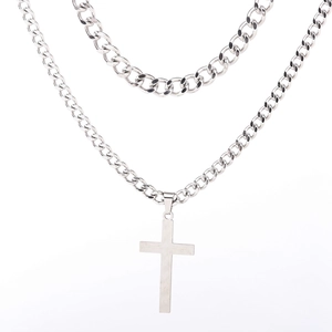 Silver double-layer stainless steel necklace with cuban chain and cross pendant