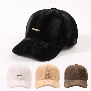 Detailed view of plush baseball caps with minmin embroidery in four neutral colors