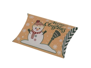 Detail of Christmas pillow box featuring a snowman print on kraft paper packaging