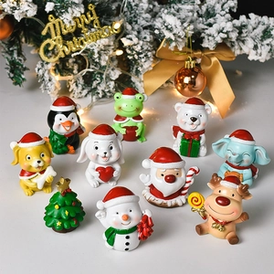 Miniature resin Christmas figurine set with festive animals and mini tree home decor