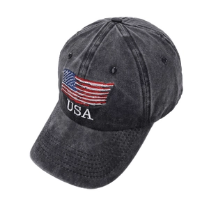 Close-up of vintage washed dark grey baseball cap with USA flag embroidery detail