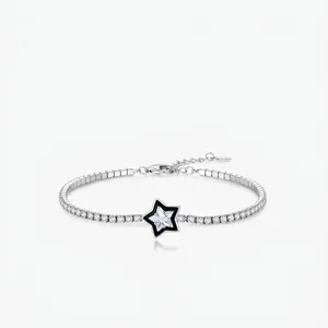 925 Sterling Silver Star Tennis Bracelet For Women Sparkling Zirconia Fine Jewelry Adjustable Link Chain Black Enamel
