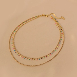 Double-layered gold stainless steel necklace with colorful enamel bead pendants for women