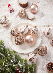 Detail of assorted rose gold Christmas ball ornaments with matte and metallic textures