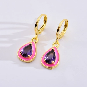Elegant gold-tone drop earrings with pink enamel and purple crystal teardrop pendants