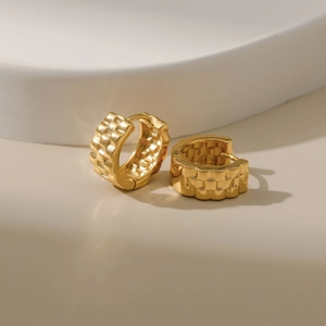 18K gold plated textured hoop earrings with vintage embossed grid pattern for women