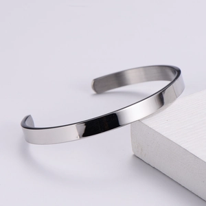 Minimalist 6mm silver stainless steel C-shaped open cuff bracelet with polished finish