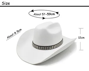 Size chart for white western cowboy felt hat showing 9.5cm brim and 57-59cm circumference