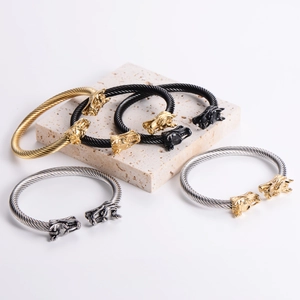Three-tone punk dragon head cable twist bracelets on stone base, minimalist steel jewelry