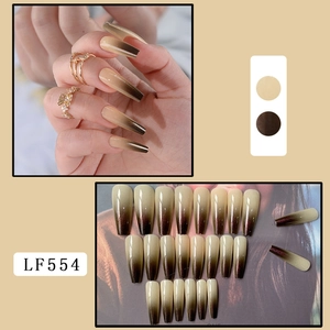 Detail of 24 pieces long coffin nails with nude to dark brown gradient finish model LF554