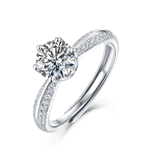 Elegant S925 sterling silver moissanite ring featuring a six-prong setting and side accents