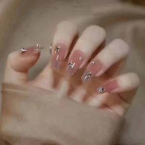 Pink Gradient Coffin Fake Nails With Silver Glitter And Rhinestones Sweet Jelly Long Press On Nails Ballerina Style