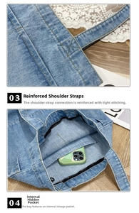 Dettaglio delle cuciture rinforzate sui manici in denim e tasca interna porta cellulare
