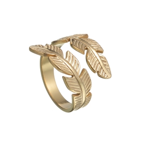 Detailed close-up of an adjustable gold feather ring with realistic engraved leaf textures