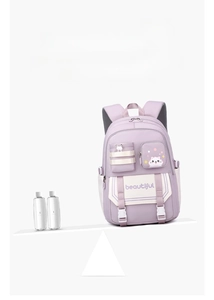 Lightweight purple school backpack for girls showing weight comparison on a scale