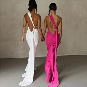 Sexy backless halter evening dress with ruched bodycon fit in white and fuchsia colors
