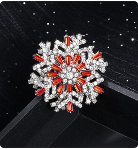 Macro detail of silver snowflake brooch with vibrant red crystals on black jewelry box