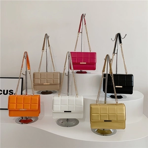 Quilted square flap crossbody bag with metal trim and chain strap in six assorted colors