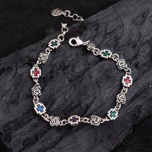Vintage silver rose and colorful crystal cross bracelet with gothic punk aesthetic style