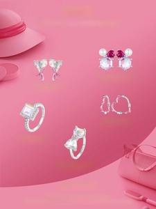Detailed macro view of S925 sterling silver rings with pink bow and heart gemstones